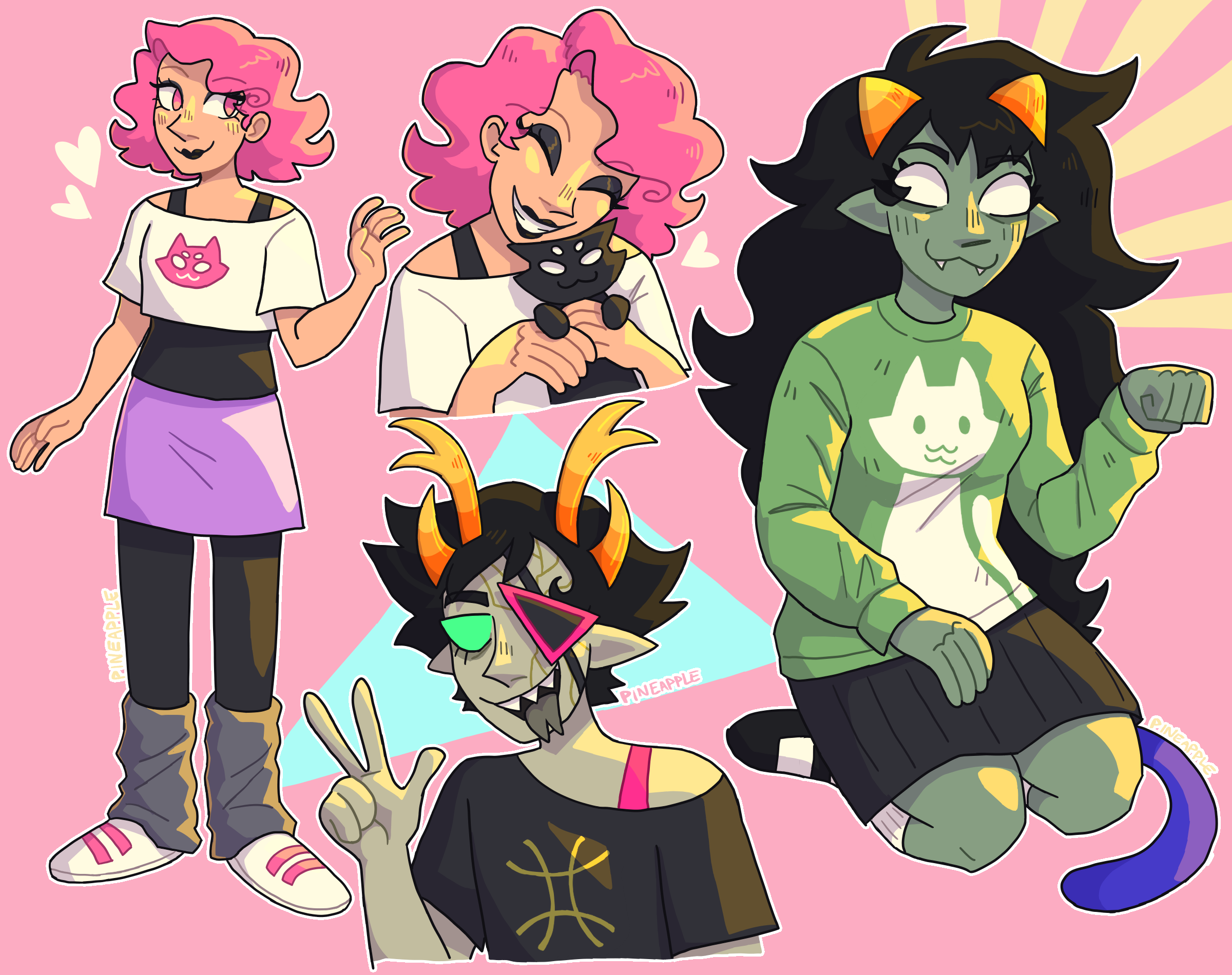 separate drawings of roxy, roxy holding vodka mutini, cirava hermod from hiveswap, and meulin wearing her cat sweater