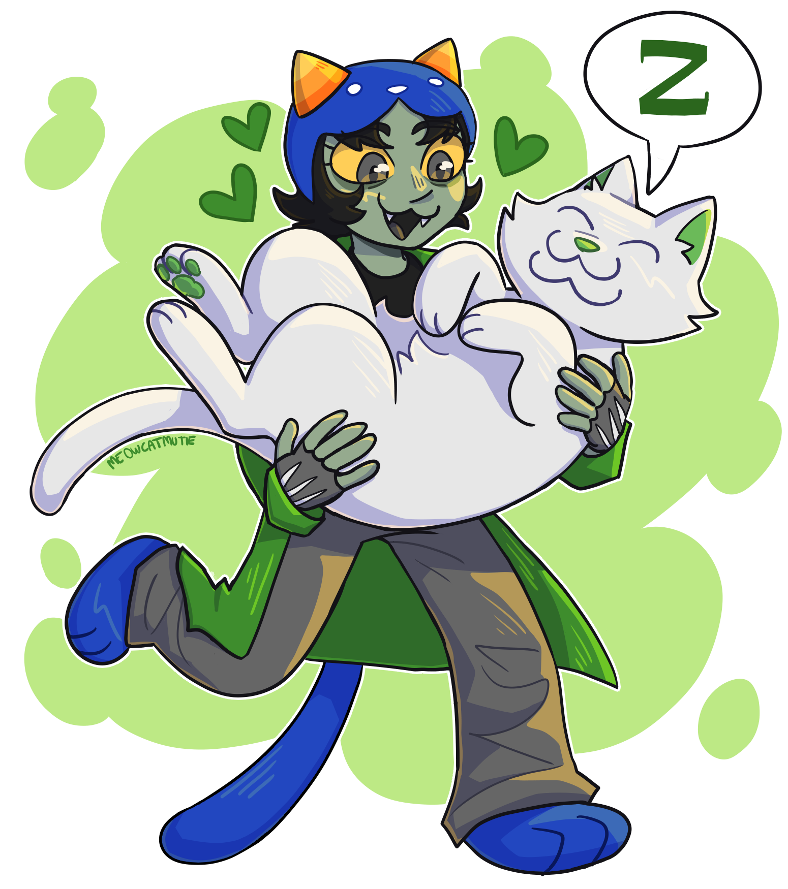 a drawing of nepeta happily carrying her sleeping lusus