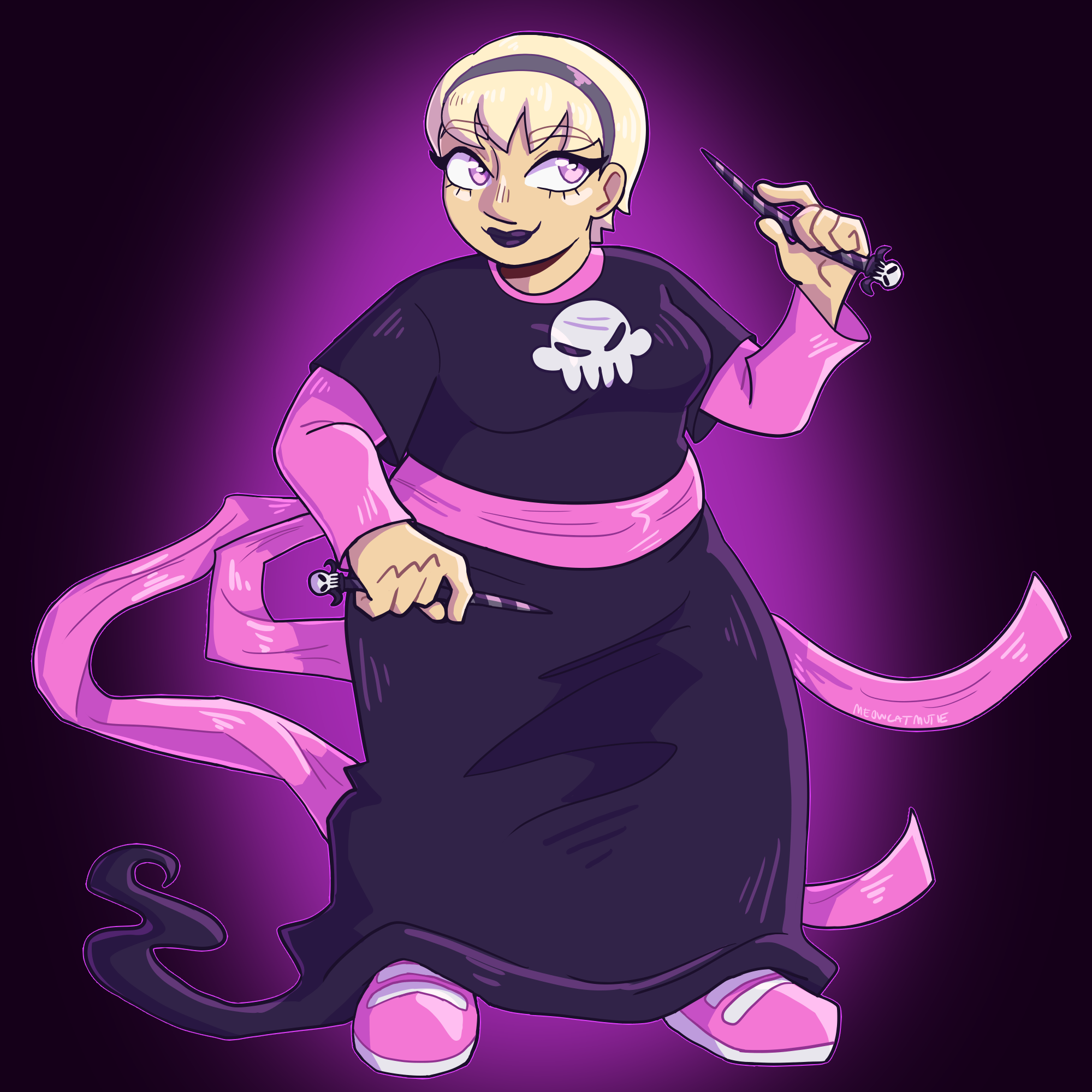 a drawing of rose wearing the black squiddle dress that kanaya made for her and holding the thorns of oglogoth