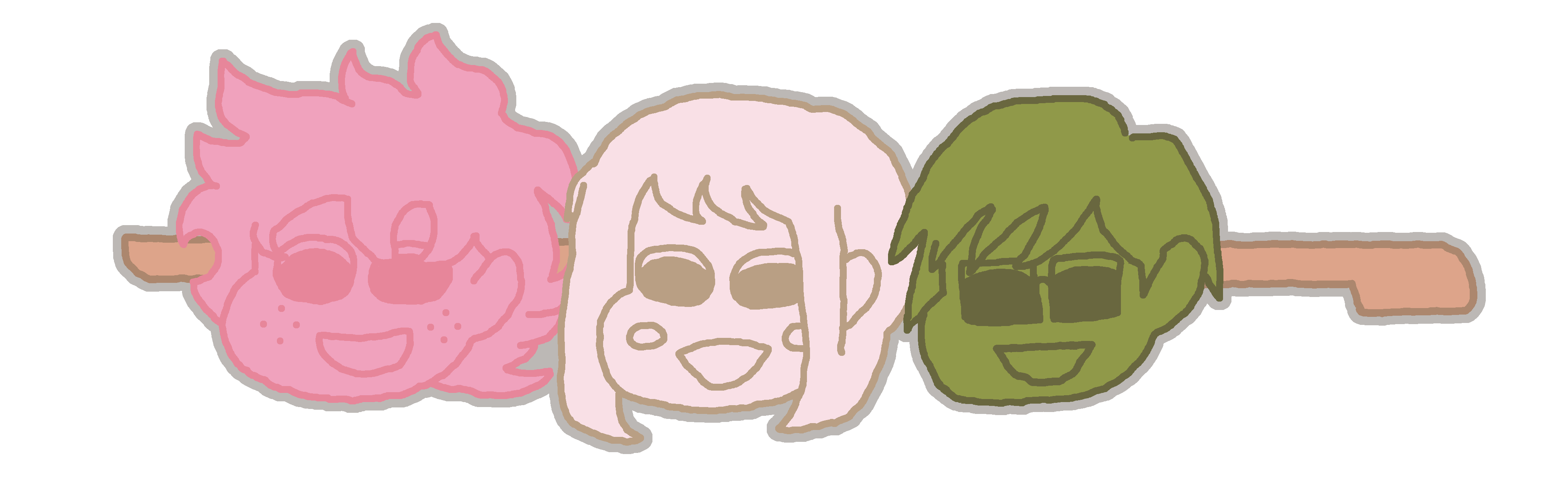 Chibi art of Midoriya Izuku, Uraraka Ochako, and Iida Tenya as hanami dango. The character's smiling chibi heads take the place of the dango on the skewer. From left to right- Midoriya is the pink/strawberry dango, Uraraka is the white/plain dango, and Iida is the green/yomogi dango. 