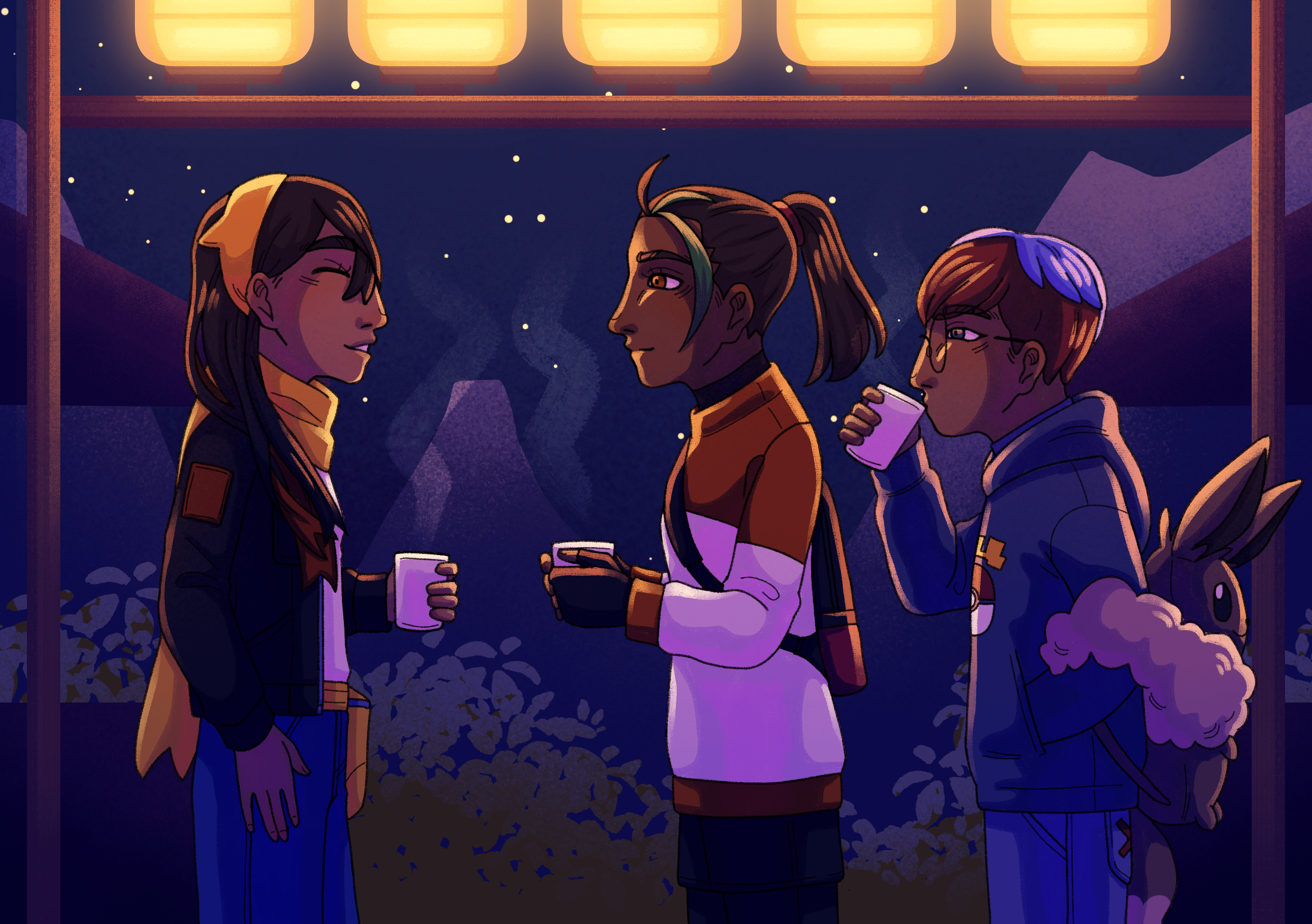 Digital drawing of Carmine, Nemona and Penny from Pokemon enjoying some warm drinks at a festival in Kitakami. Carmine seems to be talking, while Nemona listens and Penny sips her drink. It's nighttime, so they're illuminated by a row of paper lamps.