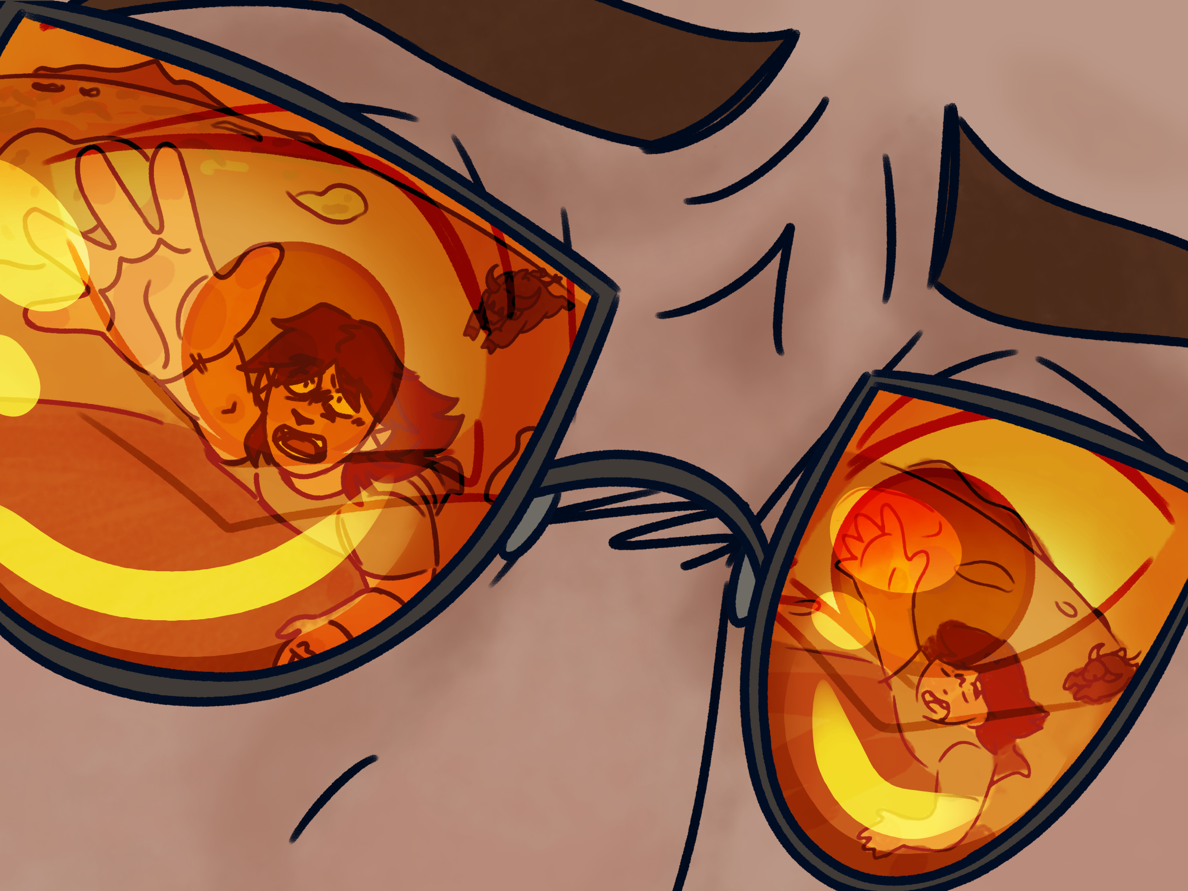 Mick reaching desperately for his father while being chased by a buffalo, reflected into Pa's glasses.