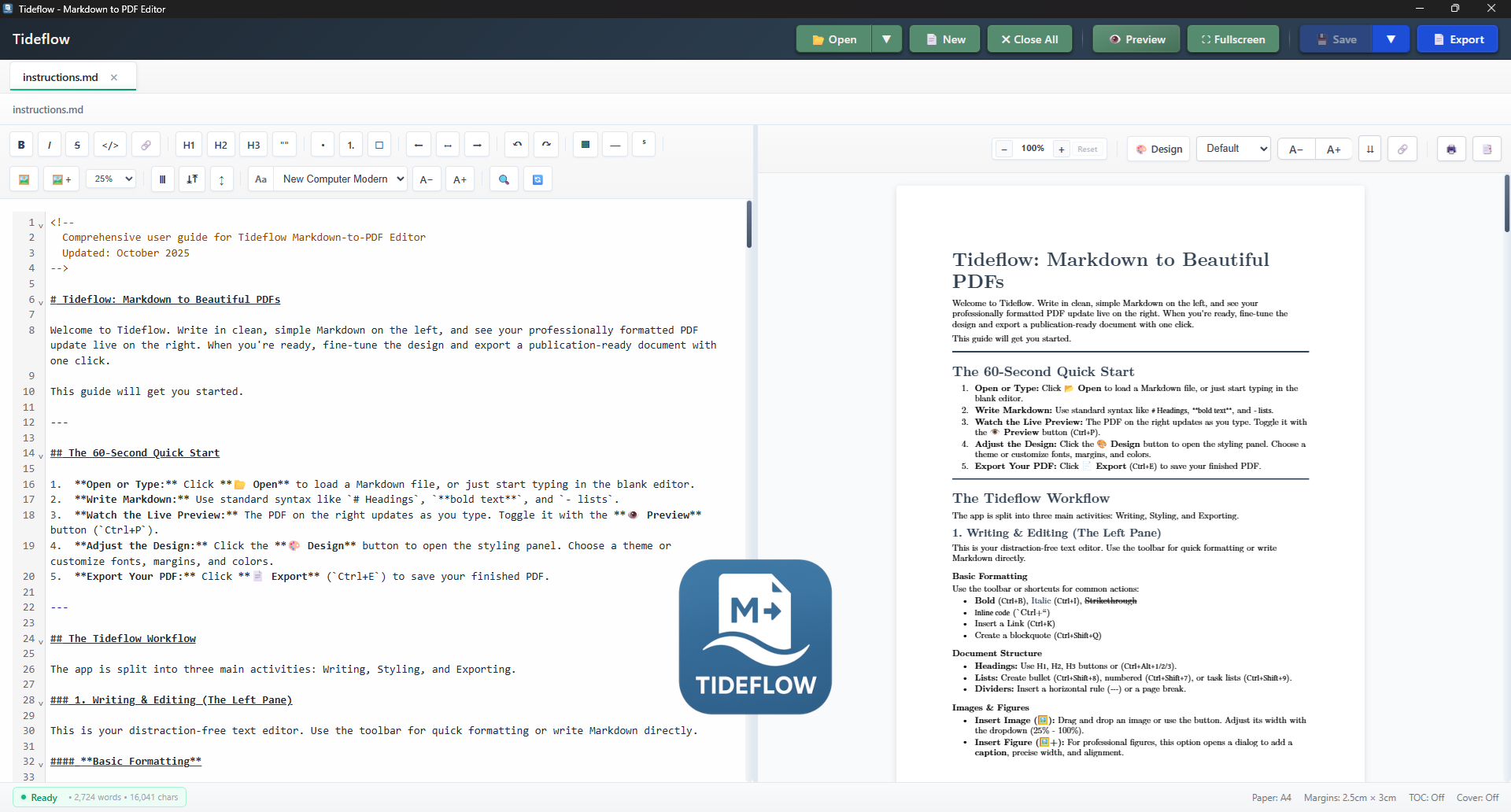 Tideflow - Effortless Markdown to PDF Editor