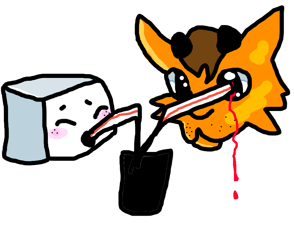 The Foat and a box share a milkshake. Box looks very cute. The Foat's straw is poking him in the eye. Blood drips down his expressionless face.