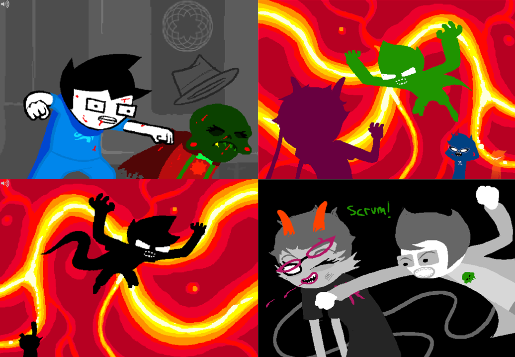 Four screenshots from homestuck. Top left: John punching Caliborn. Bottom left: John jumping toward Caliborn with violent intent while lil seb watches. Top right: Jake jumping toward Meenah with violent intent while Aranea watches. Bottom right: Jake punching Meenah.