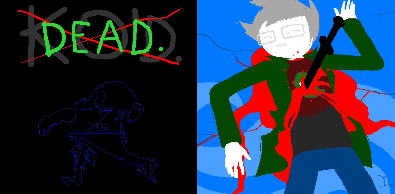 Two images. Left: Caliborn's depiction of John dying in HOMOSUCK. Right: Andrew Hussie's depiction of John dying in HOMESTUCK