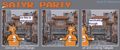A three panel comic starring the Foat. He says "so this is chinatown" before running around in front of a JPEG. He bumps into the other frames of the comic while running. In the final panel he says "fascinating though"