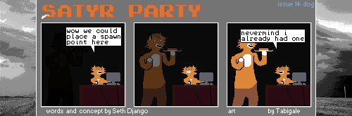 A three panel comic. Foatson is sitting at a computer and says "wow we could place a spawn point here". The Foat emerges from the darkness holding a hot dog on a plate. Foatson says "nevermind i already had one"