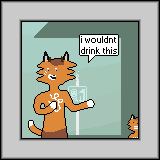 Panel one of three. The Foat's face sits offcenter his head. He is standing at a train station platform. He says "i wouldn't drink this". The Foat's son enters the frame bottom right.