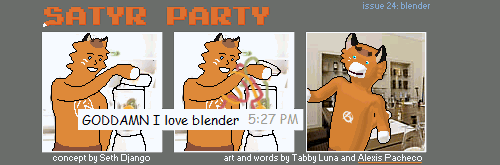 A three panel comic. The Foat is taking the lid off a blender. Comic sans text reads "GODDAMN I love blender" with a timestamp of 5:27 PM. Colors swirl out of the blender and envelope the Foat. In the final panel, he is rendered in 3D while rocking back and forth.
