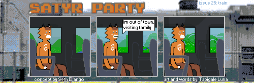 A three panel comic. The Foat is sitting on a train. "im out of town, visiting family" he explains. The exterior of the panels has been replaced with an image of a real train. 