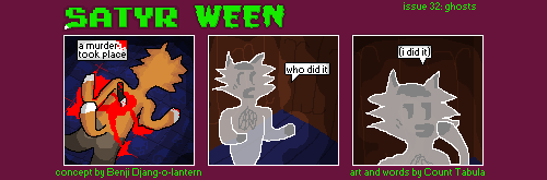 A three panel comic. The Foat lays face down in a pool of his own blood after being stabbed in the back. A blood stained speech bubble reads "a murder took place". The Foat's ghost stands in the corner and asks "who did it" before whispering to the side "(i did it)".