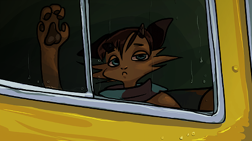 The Foat is sitting in a yellow taxi pressing his paw against the glass. He looks forlorn. It is raining