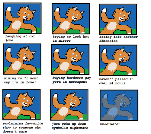 A series of images depicting how the Foat would react in various situations. They are labelled: laughing at own joke, trying to look hot in mirror, seeing into another dimension, miming to "i wont say i'm in love", buying hardcore gay porn in newsagent, haven't pissed in over 24 hours, explaining favourite show to someone who doesn't care, joke woke up from symbolic nightmare, and underwater. The Foat reacts the same each time, kind of waving his arms around with his mouth agape. The underwater panel is colored blue