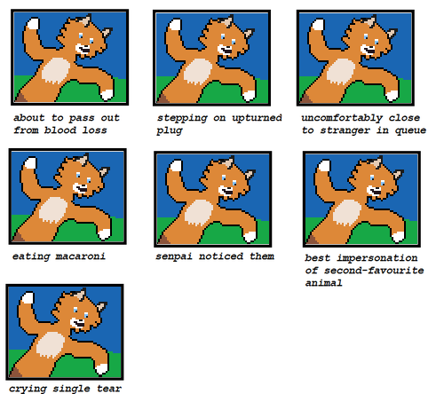 Another series of images depicting how the Foat reacts the same to the following situations: about to pass out from blood loss, stepping on upturned plug, uncomfortable close to stranger in queue, eating macaroni, senpai noticed them, best impersonation of second-favourite animal, and crying single tear.