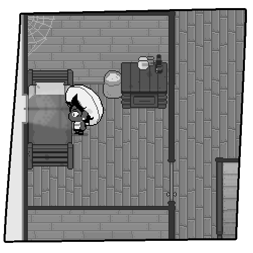 Pixel art in the style of the game, of Bonbon looking outside their cabin window on the airship.