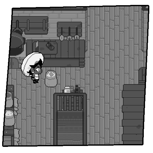 Pixel art in the style of the game, of Bonbon standing in the galley of the airship, a sack of sugar open with a slip of paper inside.
