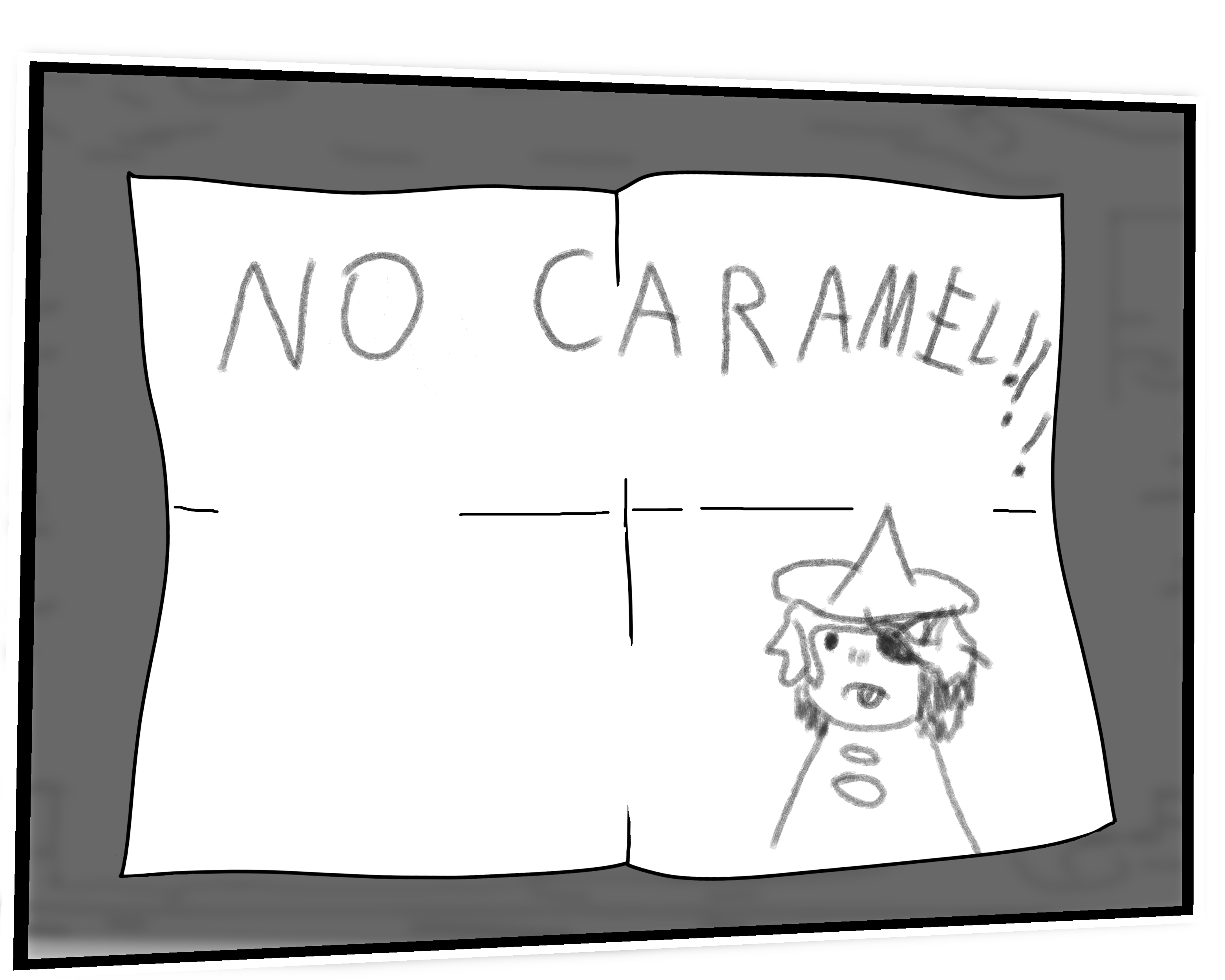 Art in the style of the game, of a slip of paper reading NO CARAMEL!!! with a simple drawing of Sif frowning with his tongue out below the writing.