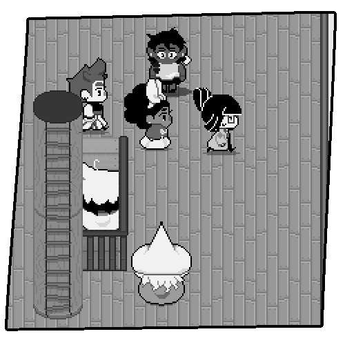 Pixel art in the style of the game, of a humanized Loop, Odile, Mira, Isa, Sif, and Nils standing on the deck of the airship.