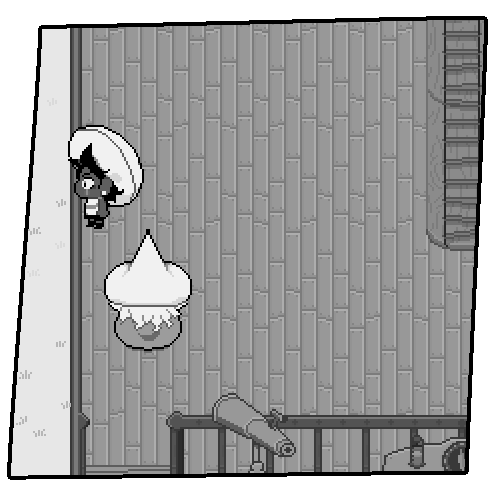 Pixel art in the style of the game, of a humanized Loop, Odile, Mira, Isa, Sif, and Nils standing on the deck of the airship.