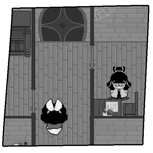 Pixel art in the style of the game, of Mirabelle walking down the hall of the airship. The carved door is visible & Odile is visible looking at papers in her cabin.