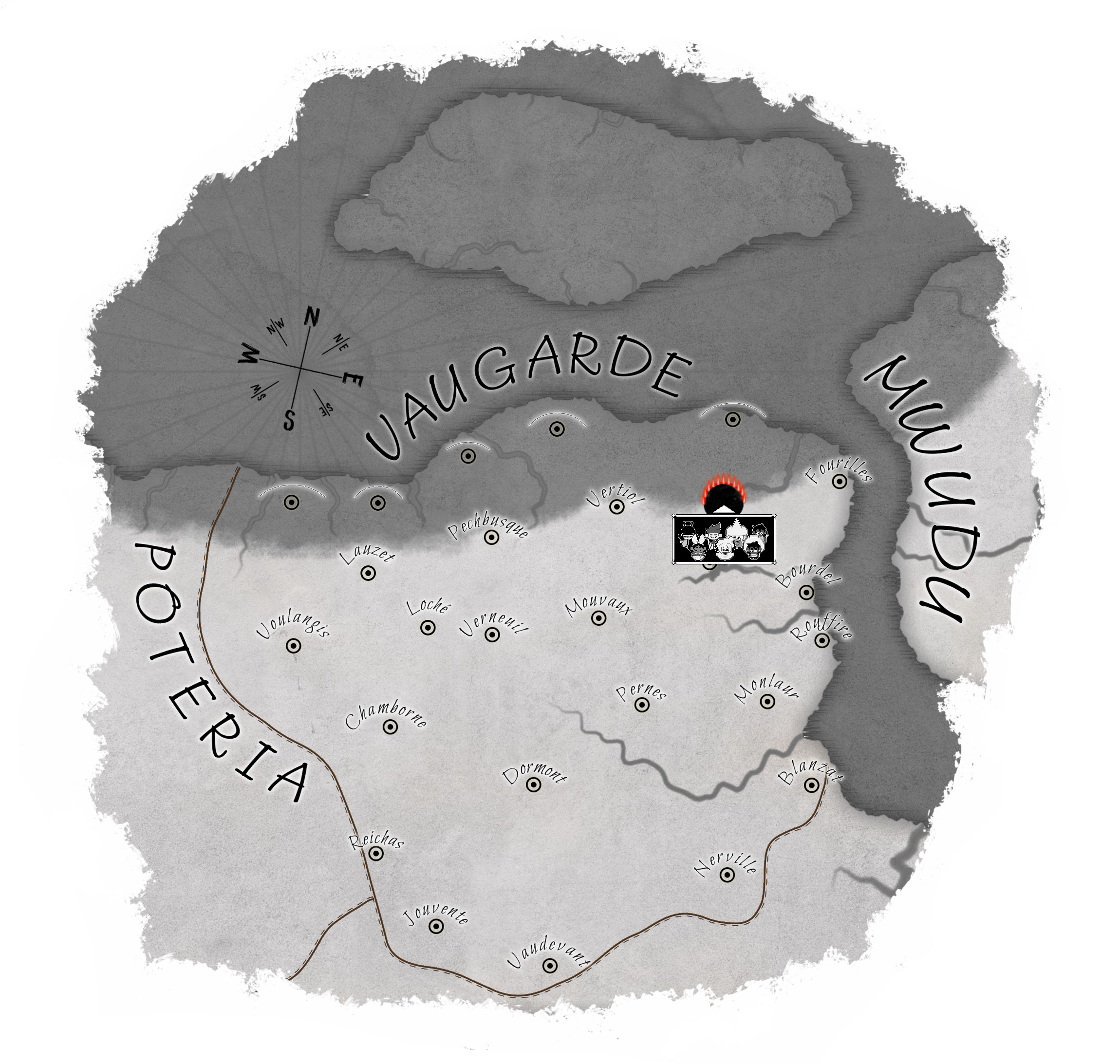 A map of Vaugarde showing the spread of the anti-memetic field. It also depicts a large, black, circular region lined with red lights surrounding the party's current location