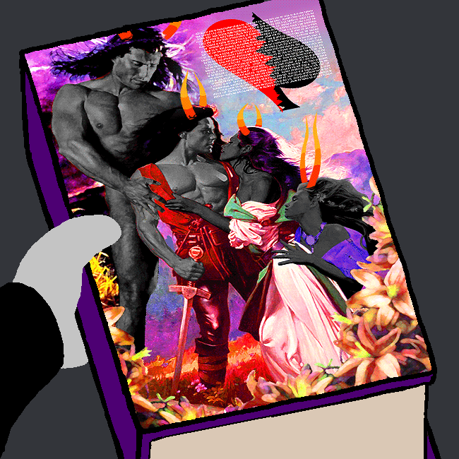 A panel from Homestuck of Karkat holding an Alternian romance novel.