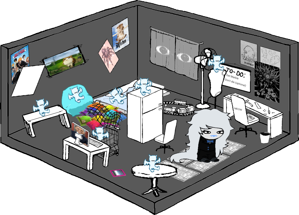 A pale, long haired character in a neat suit stands near the right in a messy room, with multiple copies of the same plush strewn around. Along the walls are many posters, and in the middle of the room is a refridgerator.