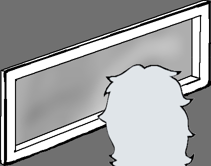 A long haired woman with pale bluish silver hair stands, her back to the camera, gazing out of a window into a foggy scene. The fog blocks any shapes. 