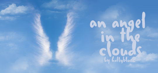 header image with bubbly text reading "an angel in the clouds" with a background of blue sky and clouds including clouds that look like angel wings