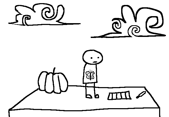 A stick figure with a butterfly sirt standing on top of a building. there is a pumpkin and a file near them. there is a barred grate on the floor next to them.