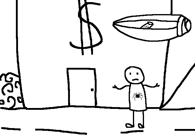 A stick figure shrugging. a cocoon is visable in the top right. there apears to be a small can in the cocoon.