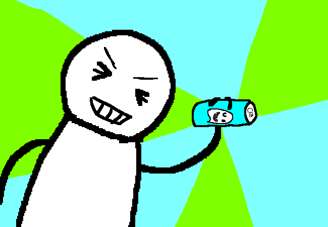 A stick figure holding a can up in joy. The can is blue with a ghost on the front. 