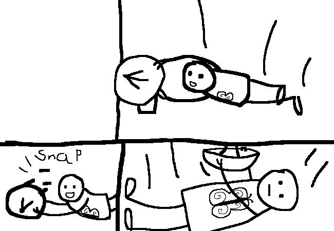 three panels. one of a falling stick figure reaching towards a satelite dish. one of the dish breaking. and one of the stick figure falling whith the broken dish.