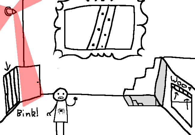 The stick figure in a lobby. metal bars fall in front of the door to the left. the metal bars covering the hatch to the left retract.