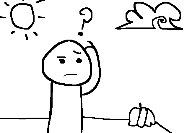a stick figure scratcing their head. the sun is now visible in the sky behind them.