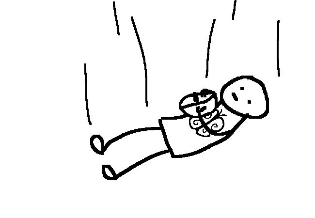 A stick figure with a butterfly on thier shirt falling whilst clutching a satelite dish.