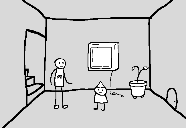 Spider guy stands in a dim room. on the back wall is an unplugged window. on the right wall is a tiny door. in the corner is a plant obscuring something beneath it. there is an elf in the centre of the room.