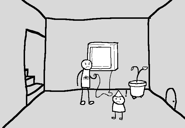 Spider guy picks up a cord, looks confused. the elf is frowning and surprised by something