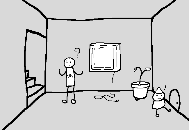 spider guy looking around confused. elf running towards small door.