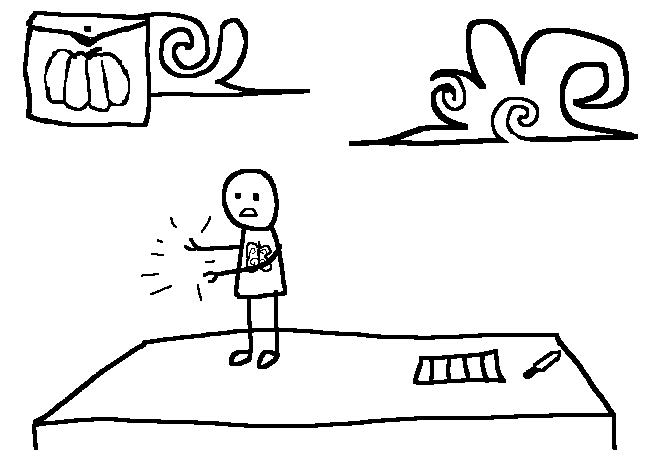 A stick figure holding empty space on a roof. The pumpkin is in a bag saped interface.