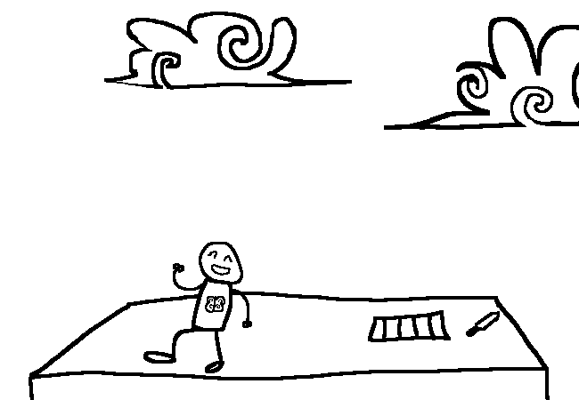 the stick figure jauntilly walking off the building.