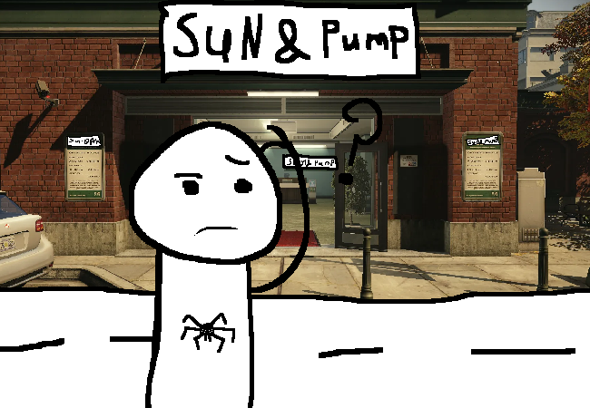 A confused stick figure standing in front of a png of a bank named sun & pump