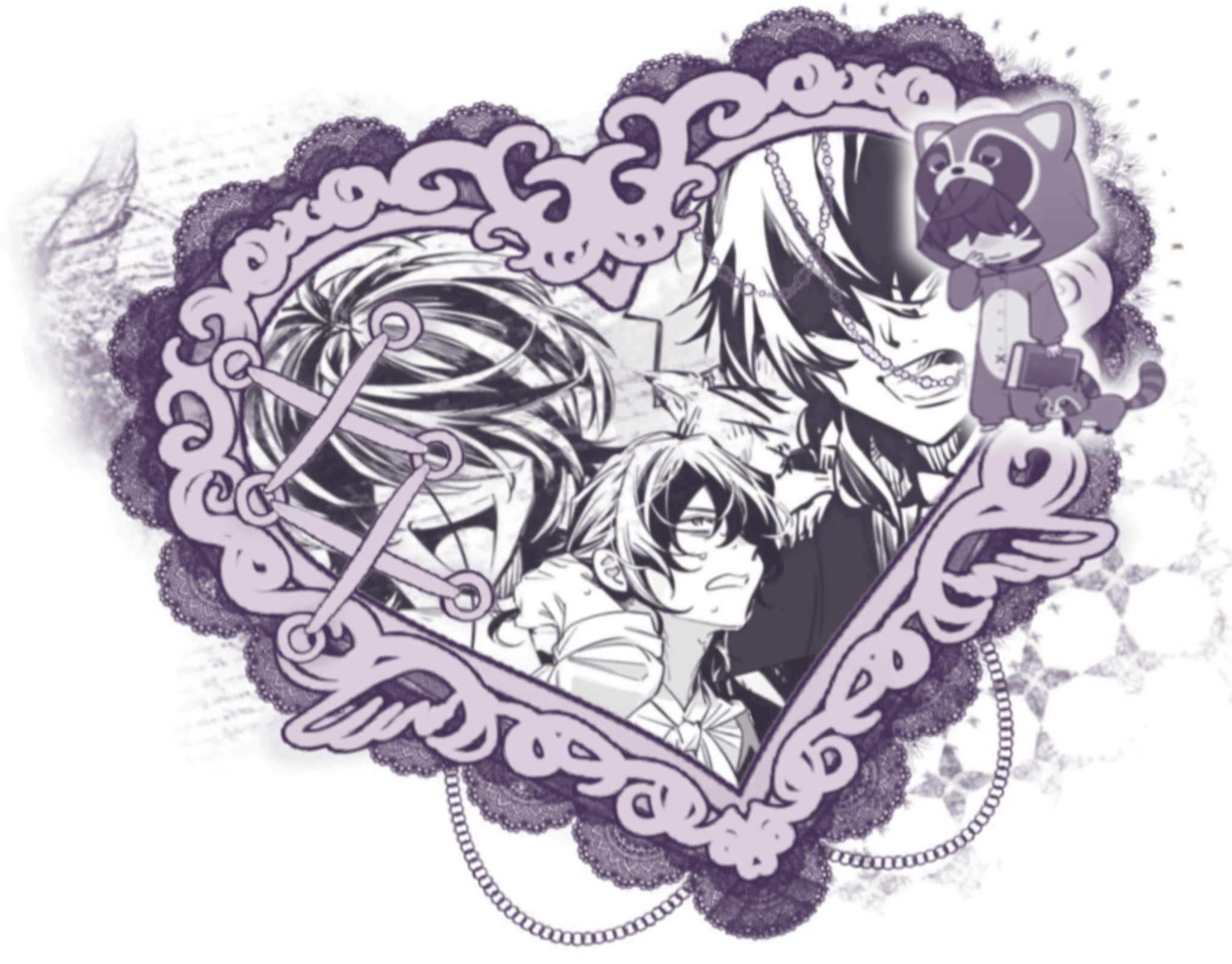 A purple heart shaped decal with manga panels of Edgar Allan Poe from Bungo Stray Dogs inside. There is a chibi of him in a raccoon onesie from the Bungo Tales mobile game on the right side of its border.