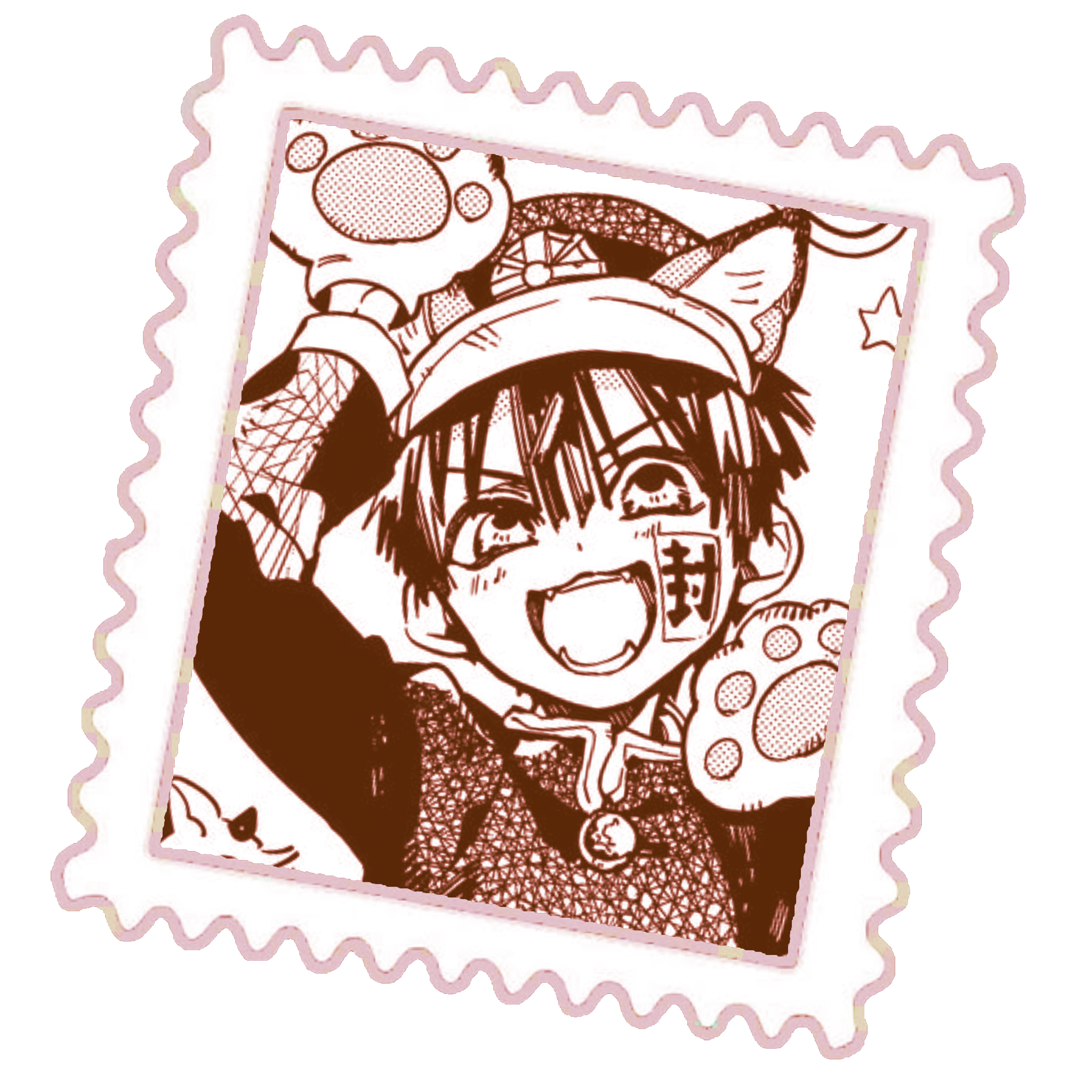A manga panel of Hanako (Yuji Amane) from Toilet-Bound Hanako-Kun with cat ears on his head and paw-shaped gloves on his hands. the panel is inside of a frame that looks like a mail stamp.