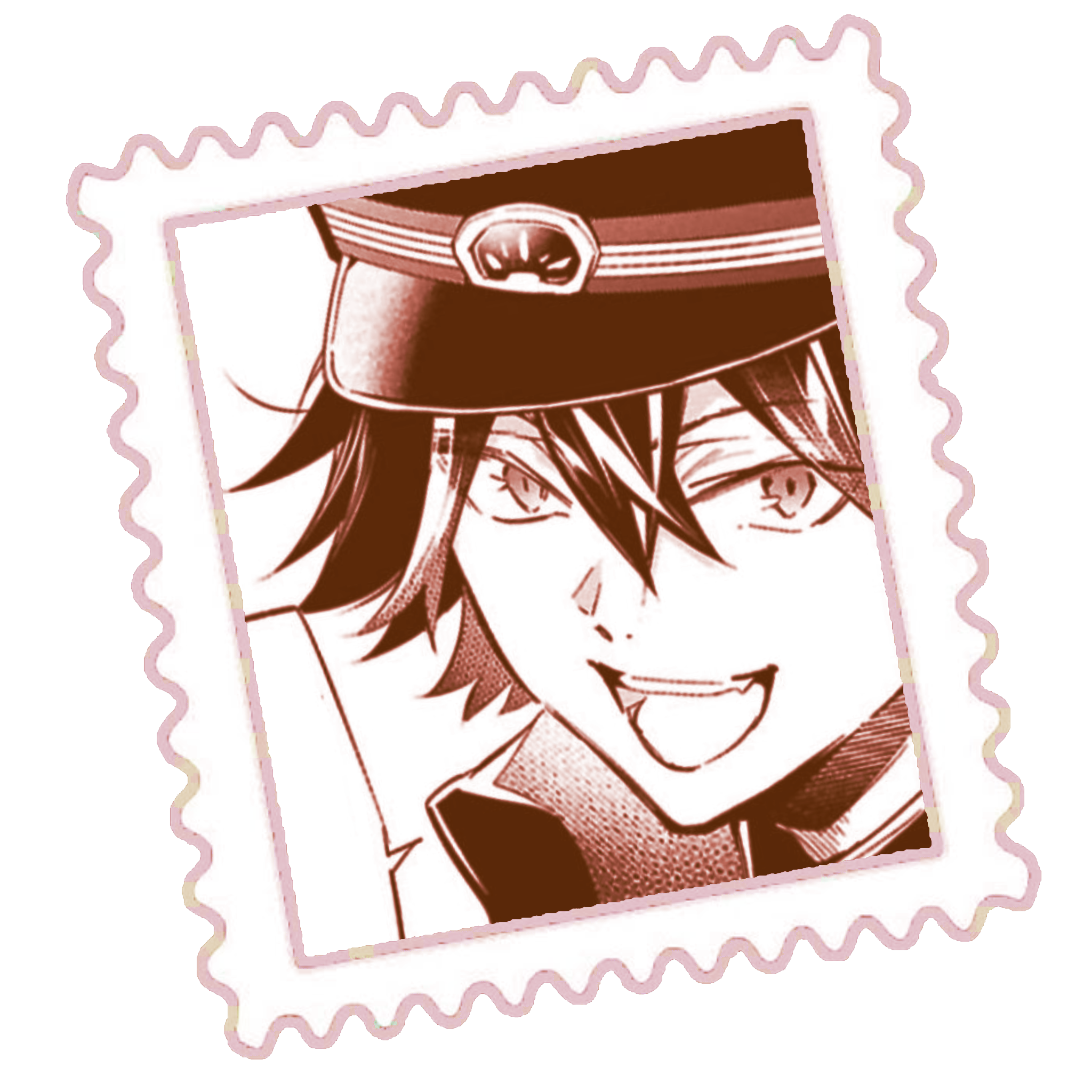 A manga panel of Ranpo Edogawa from the Untold Origins of the Detective Agency, a side story of Bungo Stray Dogs. he is smiling and saying something, but the speech bubble attached is both cut off and blanked out. this panel is inside of a frame that looks like a mail stamp.