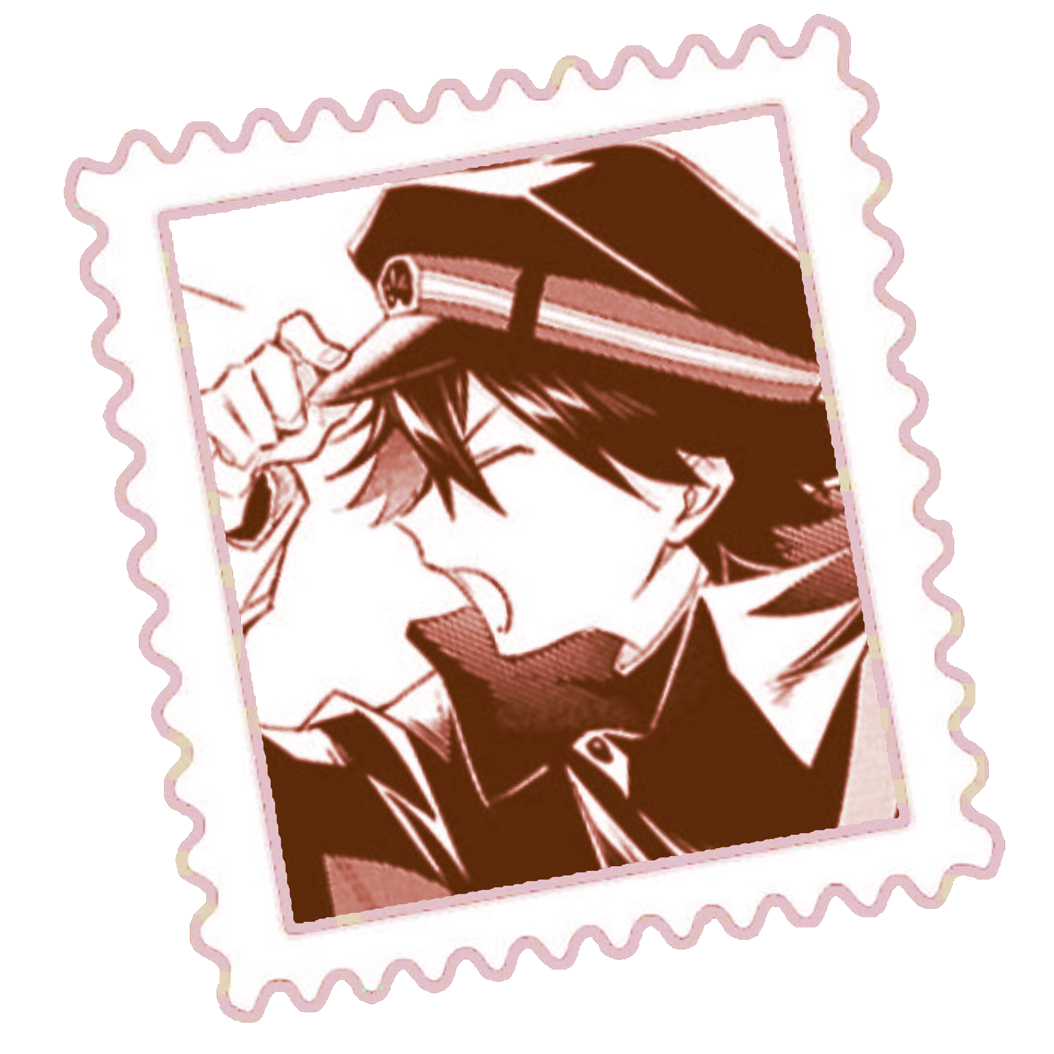 A manga panel of Ranpo Edogawa from the Untold Origins of the Detective Agency, a side story of Bungo Stray Dogs. he is facing the left, holding the brim of his cap, and presumably yelling about something. this panel is inside of a frame that looks like a mail stamp.