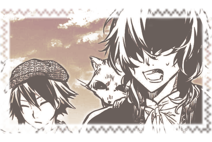 an image put into a stamp frame of ranpo edogawa and edgar allan poe from bungo stray dogs standing together. the image has been given an orange-y color overlay that makes it look like they're out at dawn or sunset. Karl the raccoon is on edgar's shoulder.