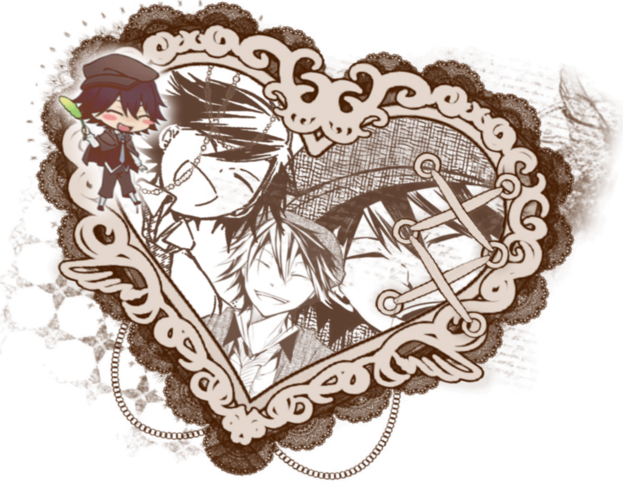 A brown heart shaped decal with manga panels of Ranpo Edogawa from Bungo Stray Dogs inside. There is a chibi of him from the Bungo Tales mobile game on the left side of its border.