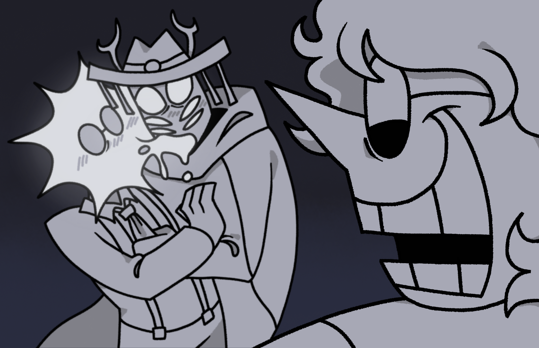 Illustration of Salesman looking at Bullseye and Dealer in amusement, both of their faces dripping as she laughs